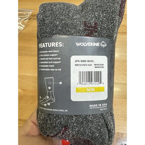 Wolverine Women's Wool Boot Socks sz M Medium 6-9 MAROON 2 Pairs - Picture 5 of 6